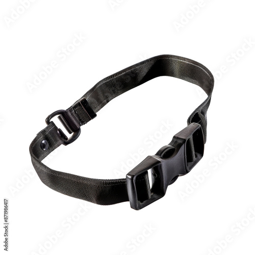 Adjustable black strap with a plastic buckle, isolated on white background. Perfect for various applications including bags and equipment. transparent background.