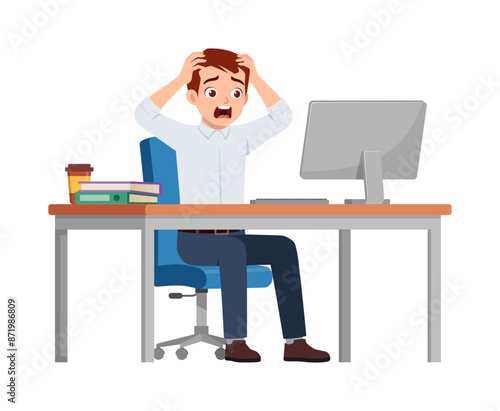 man employee sit in desk working on office and scream and panic