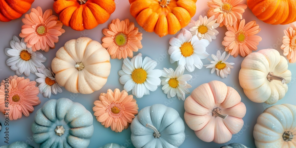 Fototapeta premium A vibrant mix of colorful pumpkins and daisies arranged on a soft background, creating a cheerful and festive autumn display.