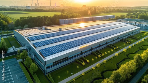 Clean energy solar cell on roof mega factory, Summertime sun, The roof of this factory is covered with many solar panels, a lot of green space around, Aerial high view. Generative AI. photo