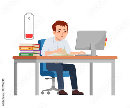 man employee tired, sit in desk working on office with computer, low battery energy