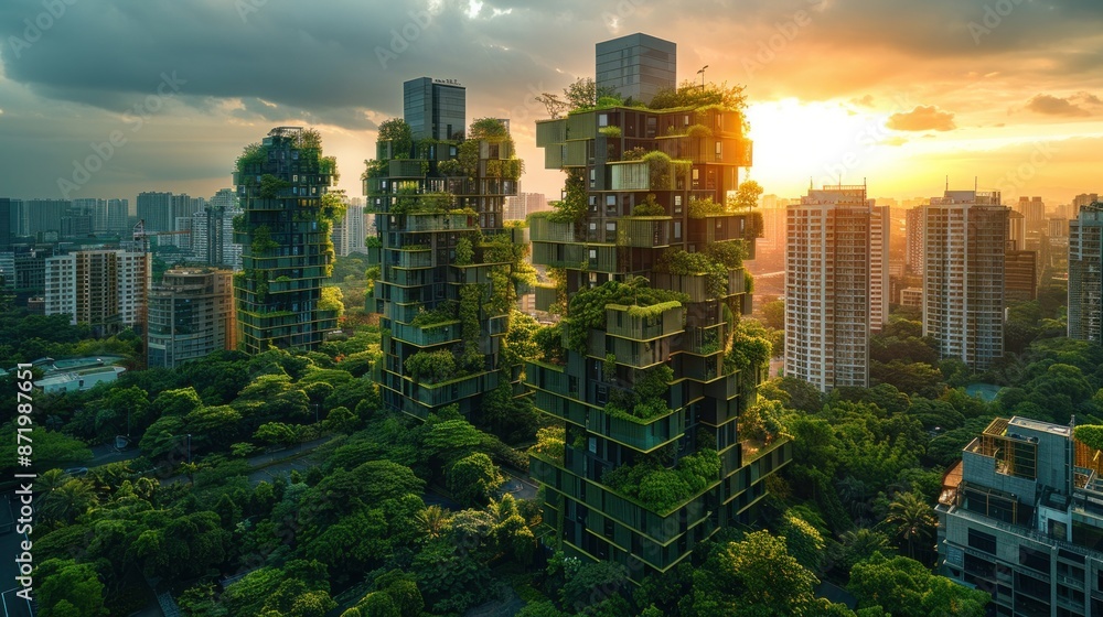 Obraz premium Design a futuristic cityscape with green skyscrapers, vertical gardens, and renewable energy sources reducing urban carbon footprint