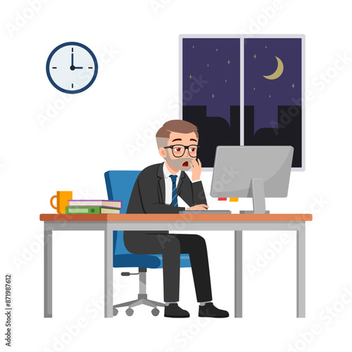 man employee work overtime at night, feeling sleepy and sit in desk working on office with computer