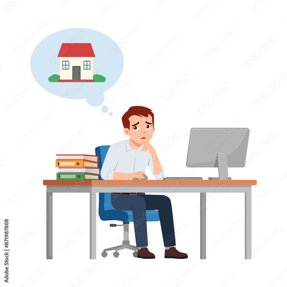man employee think and want to go home, sit in desk working on office with computer man employee think and want to go home, sit in desk working on office with computer