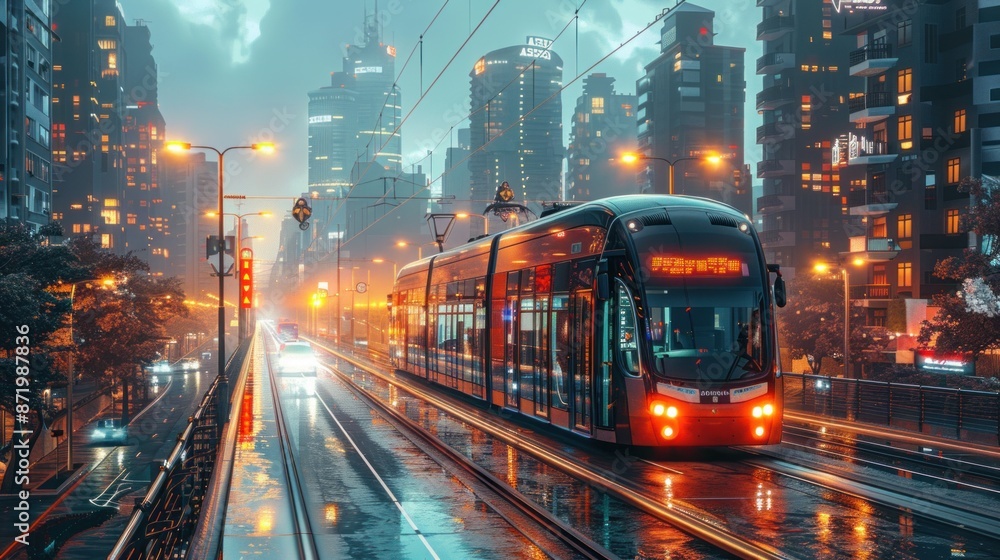 Illustrate a futuristic transportation system with electric buses, bikes, and car-sharing services reducing carbon emissions in a modern city Illustrate a futuristic transportation system with electric buses, bikes, and car-sharing services reducing carbon emissions in a modern city