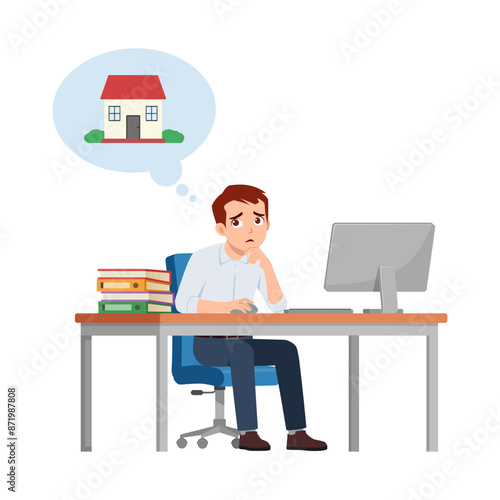 man employee think and want to go home, sit in desk working on office with computer