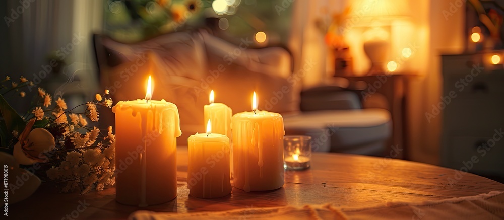 Aesthetic scene with burning candles on a table in a room with a copy space image. Aesthetic scene with burning candles on a table in a room with a copy space image.