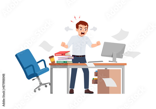 man angry, employee working on office with computer, scream and angry