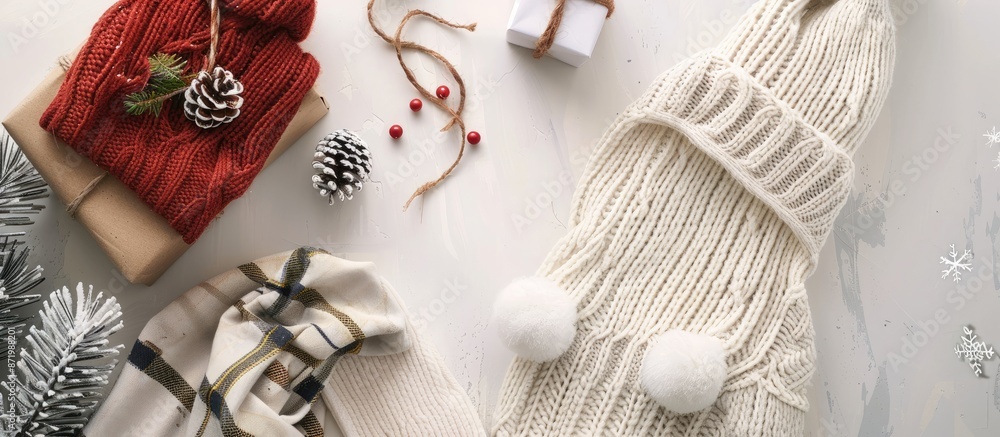 Fototapeta premium A Christmas gift box and winter clothes are displayed on a white desk, creating a festive scene with copy space image.