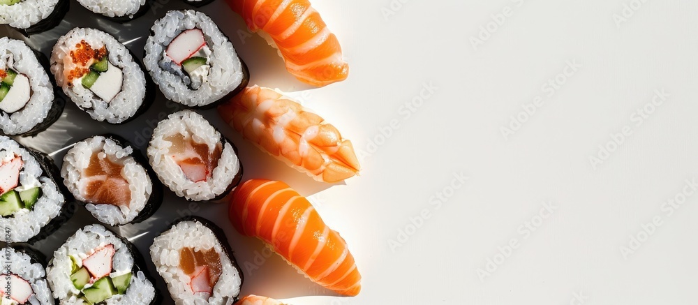 A close-up studio shot of freshly made sushi with gentle shadows on a white backdrop. Includes a copy space image. A close-up studio shot of freshly made sushi with gentle shadows on a white backdrop. Includes a copy space image.