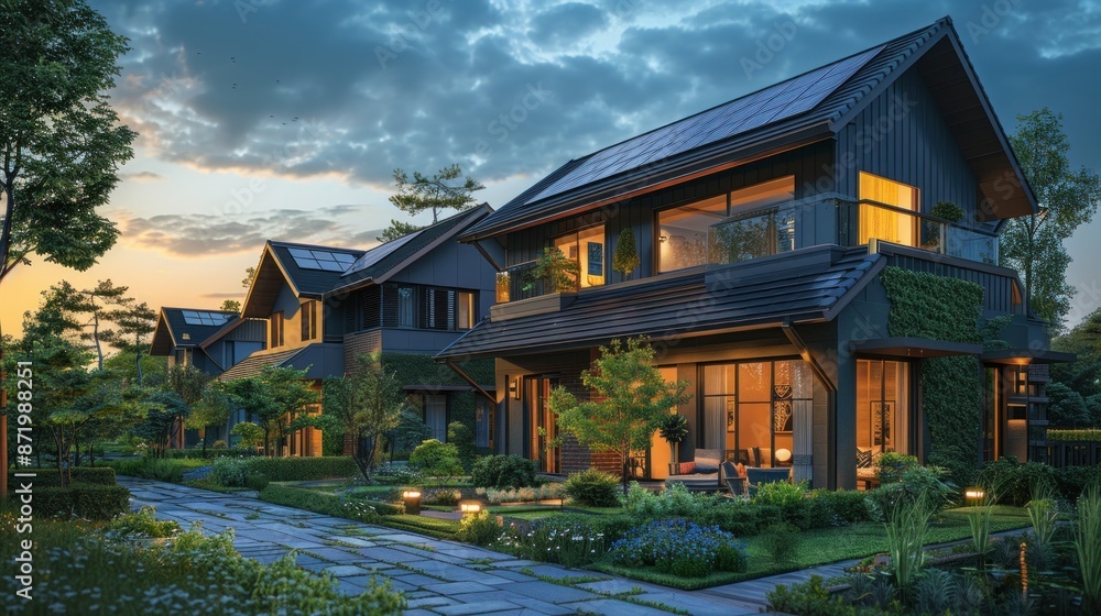 Visualize a residential area where homes are equipped with solar panels and smart energy management systems to achieve carbon neutrality Visualize a residential area where homes are equipped with solar panels and smart energy management systems to achieve carbon neutrality