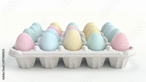 Plastic egg carton, blank label, minimalist 3D render, pastel shades, isolated on white background, photo