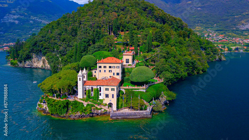 Aerial view of the luxury Villa Balbianello with terraced gardens, on the rocky wooded peninsula of Lavedo on Lake Como, panorama, picturesque residence. Green Planet. Nature. Lenno Italy 12.07.2024