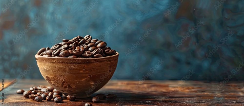 Closeup side view of Arabica coffee beans placed in a clay bowl on a brown wooden table with a dark blue wall background, emphasizing the roast and caffeine concept with copy space image. Closeup side view of Arabica coffee beans placed in a clay bowl on a brown wooden table with a dark blue wall background, emphasizing the roast and caffeine concept with copy space image.