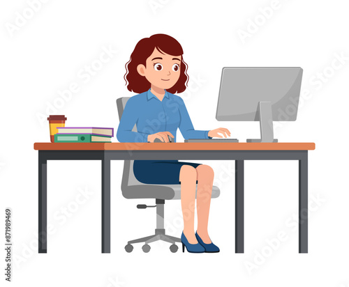happy woman employee sit in desk working on office with computer