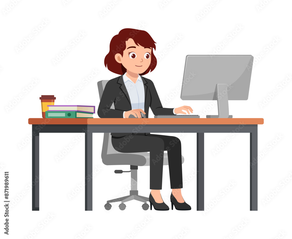 happy woman employee sit in desk working on office with computer happy woman employee sit in desk working on office with computer