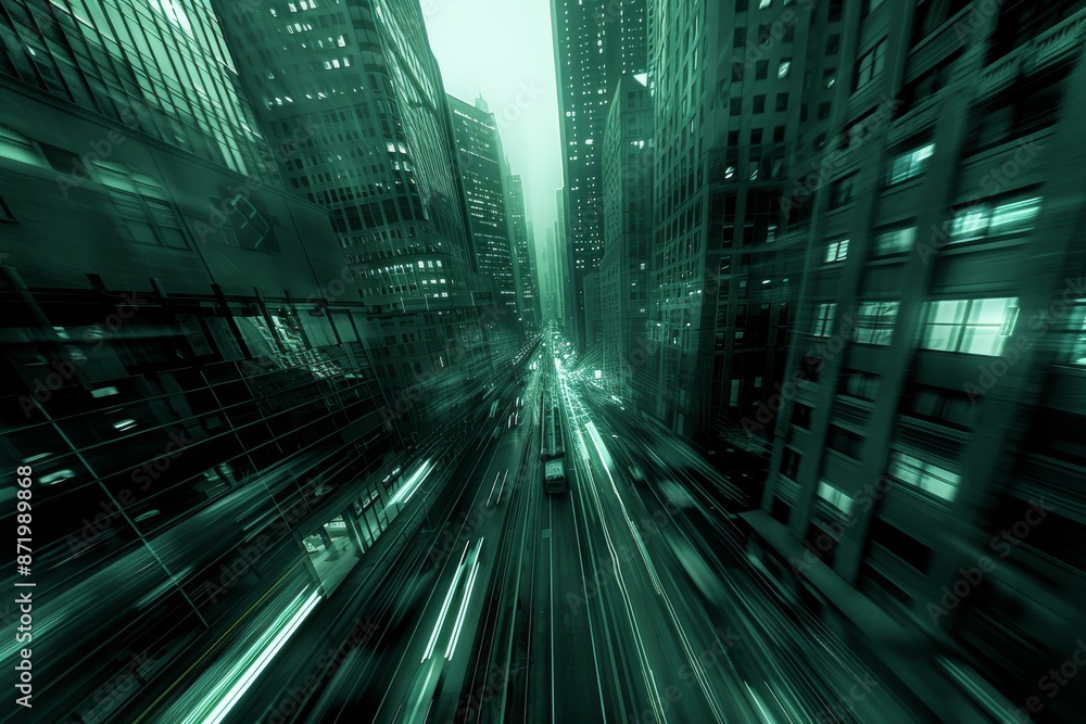 Fast paced city life motion blur of skyscrapers green tinted urban rush dynamic cityscape futuristic metropolis high speed city view energetic urban environment Fast paced city life motion blur of skyscrapers green tinted urban rush dynamic cityscape futuristic metropolis high speed city view energetic urban environment