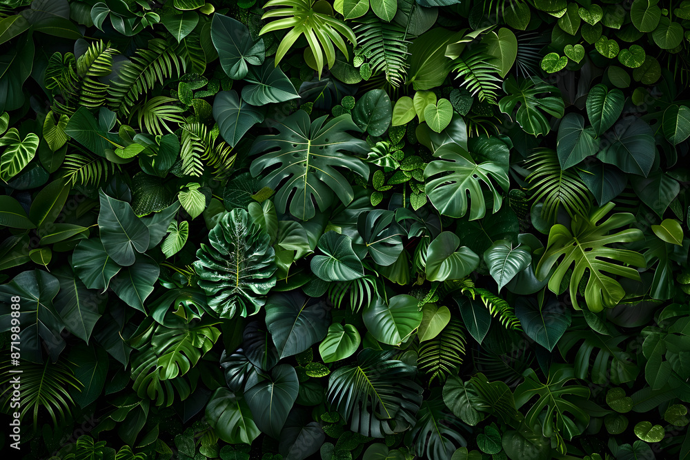 Dark green plants growing in a lush foliage background of tropical leaves like anthurium, epiphytes, or ferns, forming a beautiful green plant wall design in a cloud forest. Dark green plants growing in a lush foliage background of tropical leaves like anthurium, epiphytes, or ferns, forming a beautiful green plant wall design in a cloud forest.
