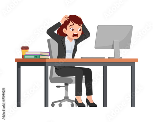 woman employee sit in desk working on office and scream and panic