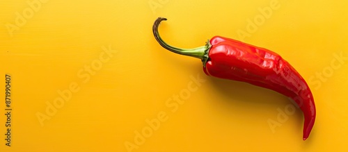 Top view of a lone red pepper set against a yellow backdrop with copy space image available. photo