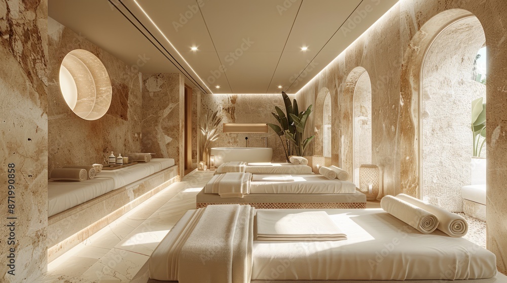 Obraz premium A serene spa treatment room with soft lighting, plush massage tables, and luxurious towels, offering a tranquil and relaxing atmosphere.