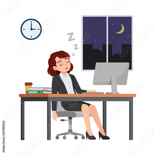 woman employee work overtime at night, feeling sleepy and sit in desk working on office with computer