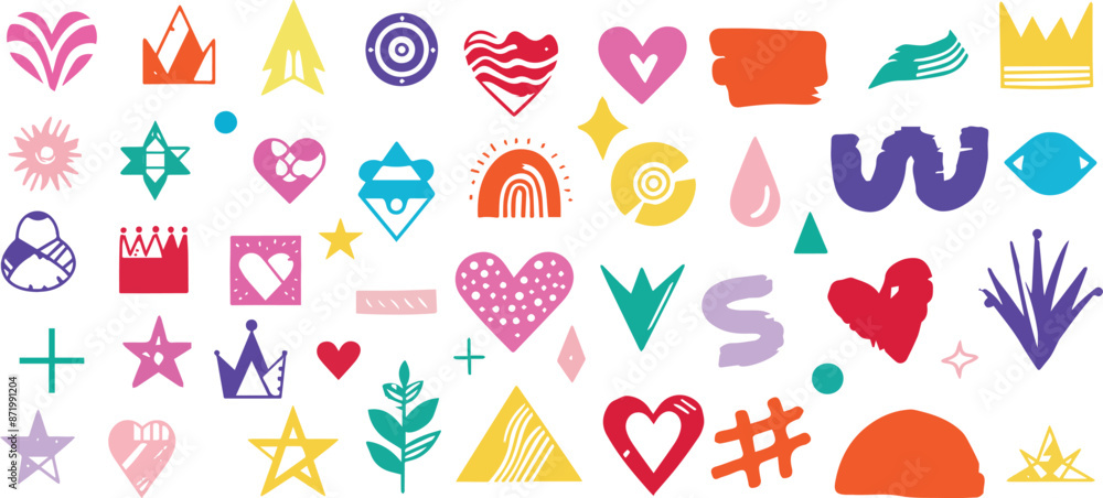 Abstract element shape set. Color graphic modern abstract sticker element. Doodle geometric collage star, crown, heart shape set. Hand drawn texture grunge brush modern effect. Vector illustration Abstract element shape set. Color graphic modern abstract sticker element. Doodle geometric collage star, crown, heart shape set. Hand drawn texture grunge brush modern effect. Vector illustration