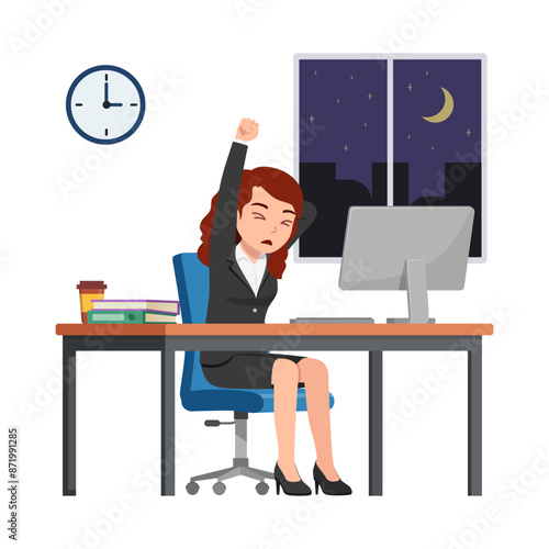 woman employee work overtime at night, feeling sleepy and sit in desk working on office with computer