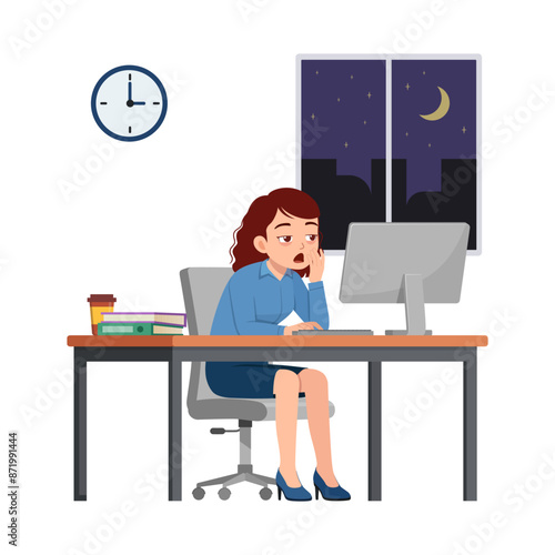 woman employee work overtime at night, feeling sleepy and sit in desk working on office with computer