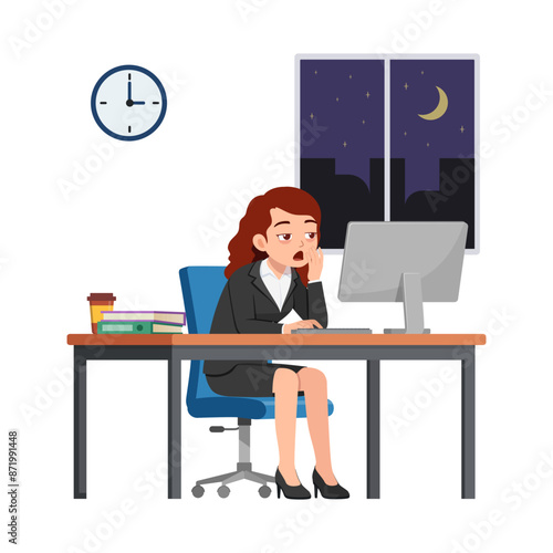 woman employee work overtime at night, feeling sleepy and sit in desk working on office with computer