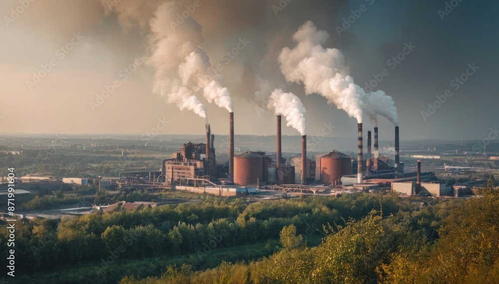 View of a factory or factory with smoke coming out of the pipes. The concept of environmental pollution, nature protection and ecology.. Generative AI View of a factory or factory with smoke coming out of the pipes. The concept of environmental pollution, nature protection and ecology.. Generative AI