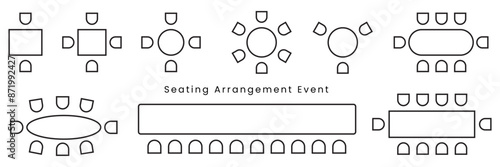 Table Seating Arrangement Icons for an Event and conference. Chairs and tables sign