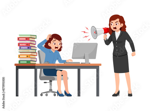 woman employee sit in desk working on office with computer, boss standing angry