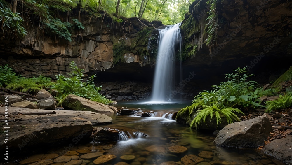 Obraz premium A hidden waterfall discovered unexpectedly on a remote hiking trail ai_generated