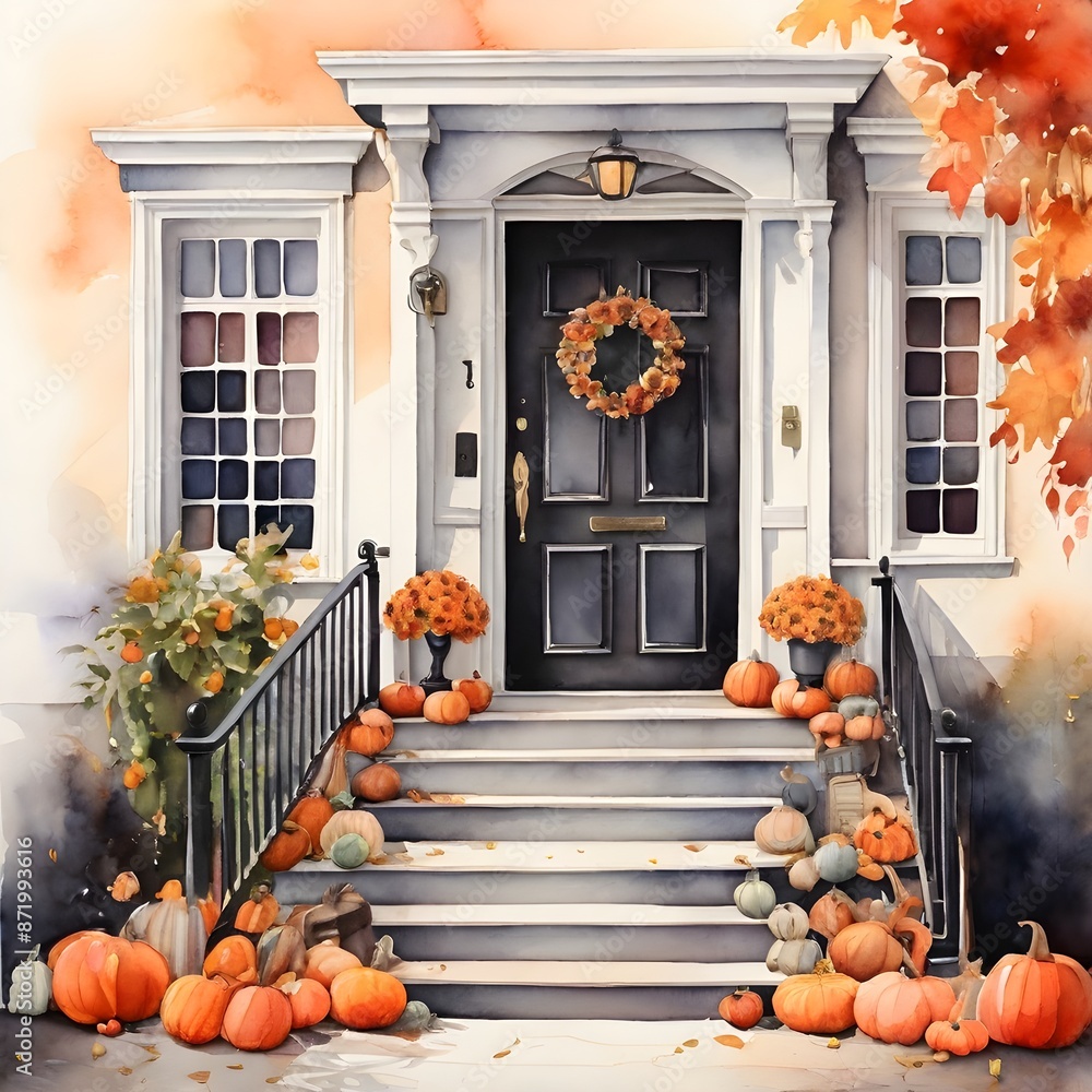 Obraz premium There is a painting of a front door with pumpkins and leaves generative ai