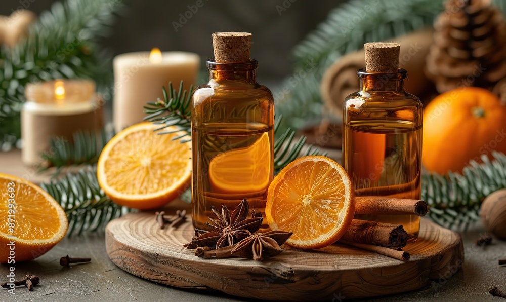 natural cosmetic package amber glass spray bottle, dried orange slice cinnamon sticks wooden branch.image natural cosmetic package amber glass spray bottle, dried orange slice cinnamon sticks wooden branch.image