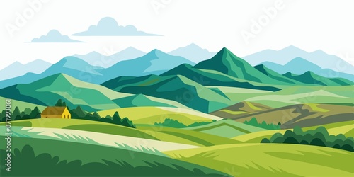 Watercolor illustration of serene landscape with rolling hills and distant mountain range, isolated on clean white background, perfect for sightseeing and travel theme.