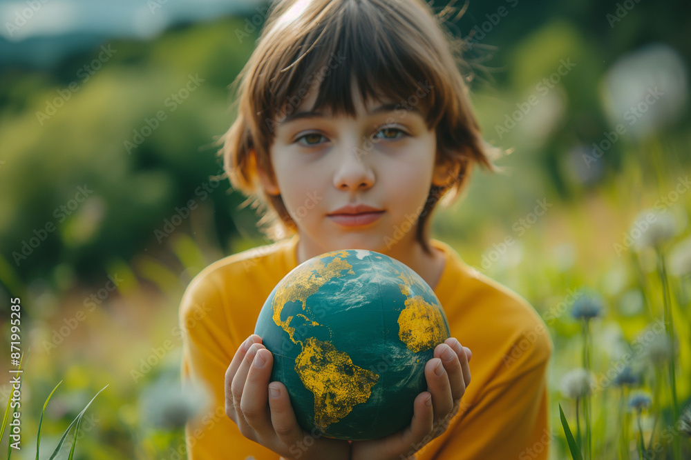 Child holding the earth globe on hands, save the earth concept, earth day spring holiday concept.