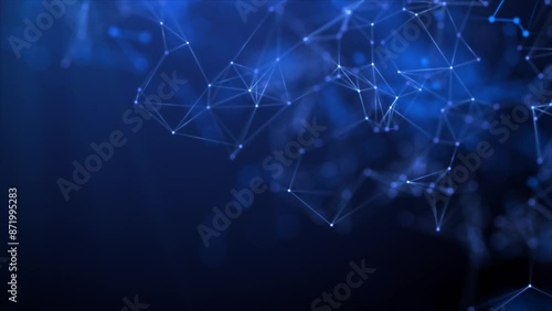 Looped plexus on a blue background. Abstract neon connection of dots and lines on a dark background. Blue particles and polygons slowly fly, futuristic interweaving of digital data. Neural networks