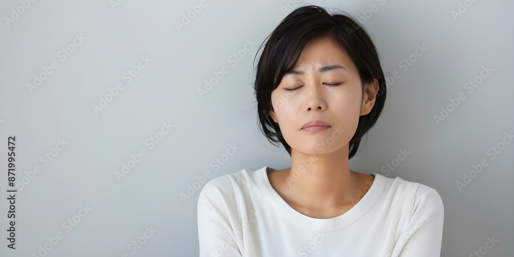 Asian woman with heartburn and digestive issues focusing on womens health. Concept Womens Health, Digestive Issues, Heartburn, Asian Women, Health Awareness Asian woman with heartburn and digestive issues focusing on womens health. Concept Womens Health, Digestive Issues, Heartburn, Asian Women, Health Awareness
