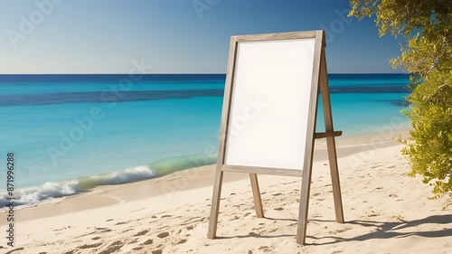 A blank cover white poster sign standing on the sandy beach with clear blue water in the background