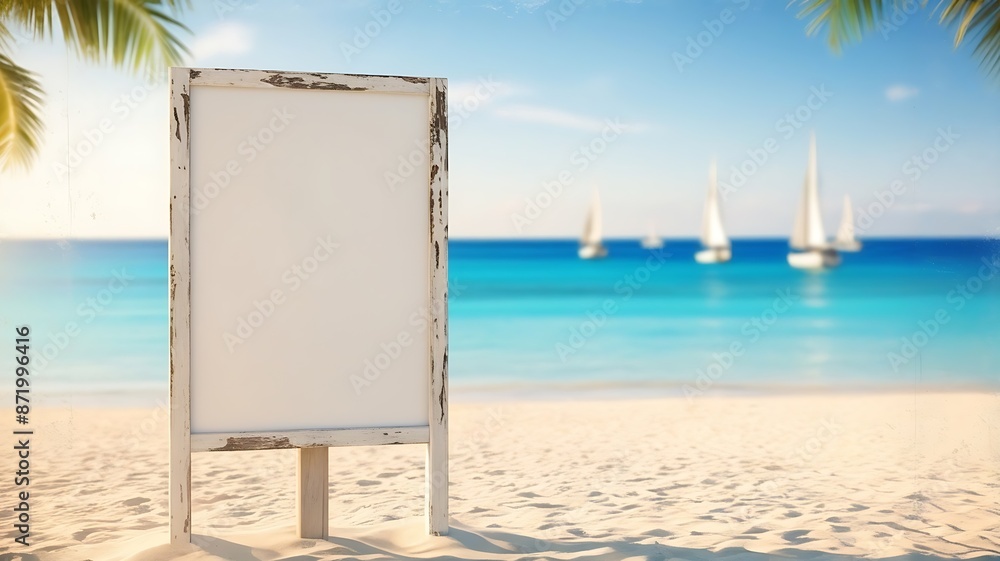 A blank cover white poster sign standing on the sandy beach with clear blue water in the background A blank cover white poster sign standing on the sandy beach with clear blue water in the background