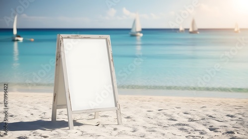 A blank cover white poster sign standing on the sandy beach with clear blue water in the background