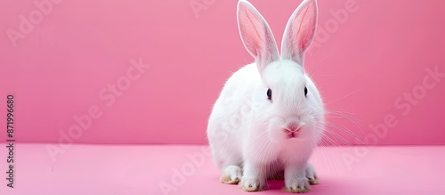 Easter symbol: white rabbit on pink background with copy space image. photo