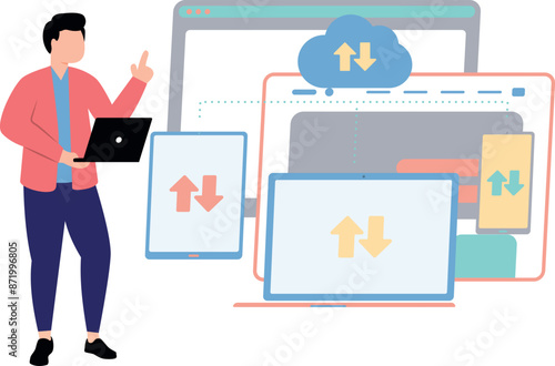 The boy is transferring data.