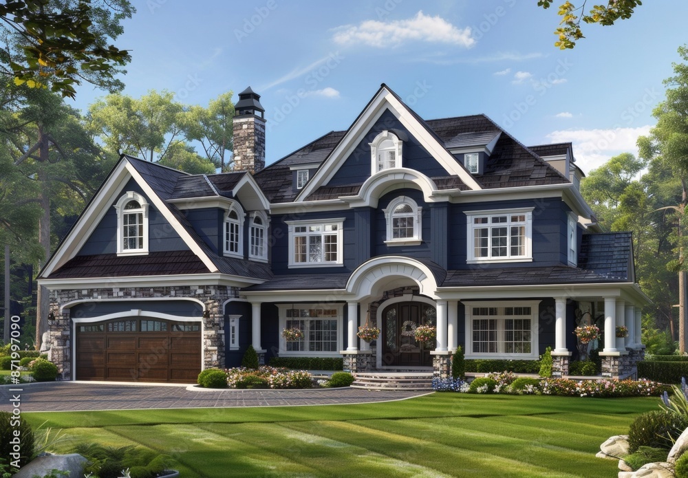 A large, elegant home with dark blue exterior walls and white tri A large, elegant home with dark blue exterior walls and white tri