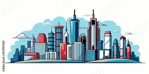 Urban landscape sketch concept showcasing modern city skyline in various perspectives and styles, isolated on crisp white background, part of collection of artistic renderings. photo
