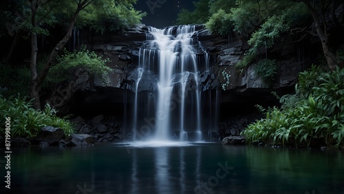 The ethereal beauty of a moonlit waterfall cascading into a tranquil pool ai_generated