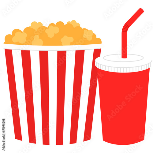 popcorn bucket and soda cup with straw illustration