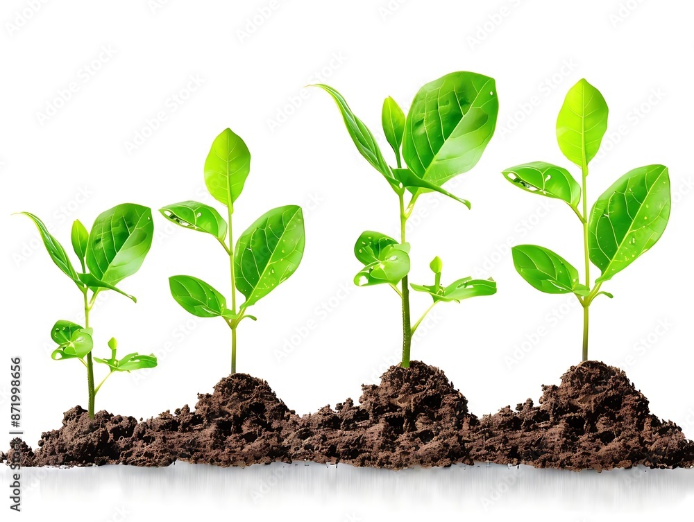 Four Green Seedlings Growing in Soil - Realistic Image Four Green Seedlings Growing in Soil - Realistic Image